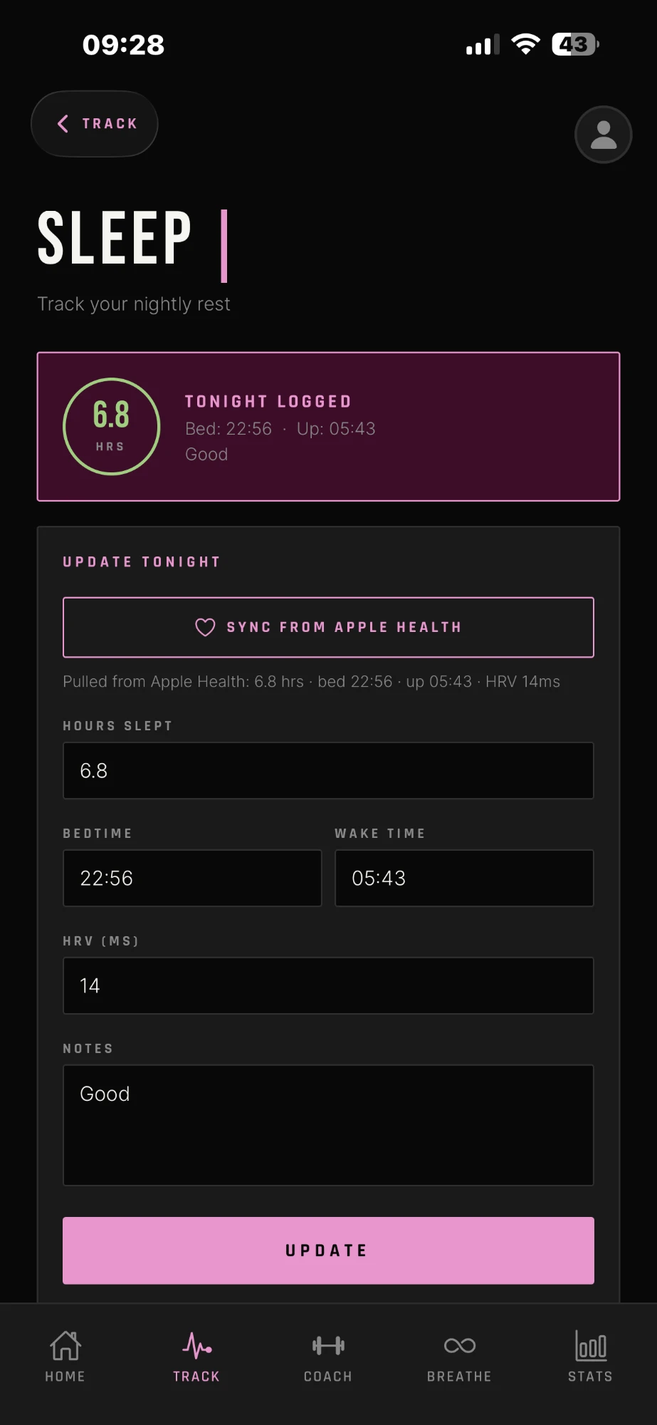 10X-U app, sleep tracking synced from Apple Health